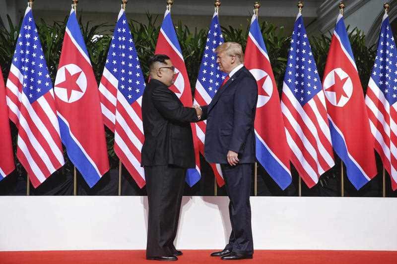 North Korean leader Kim Jong-un and US President Donald Trump meeting at the Capella hotel on Sentosa on 12 June 2018. 