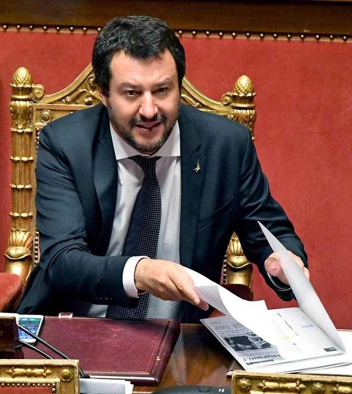 Italian Interior Minister Matteo Salvini sits in the Italian Senate in Rome, Wednesday, June 13, 2018, where he reported about the Aquarius rescue situation.