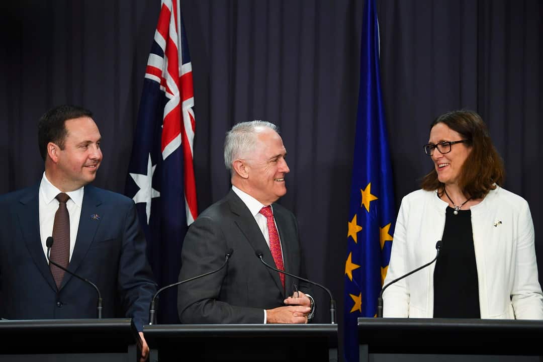 Steve Ciobo, Malcolm Turnbull and Cecilia Malmstrom in Canberra.