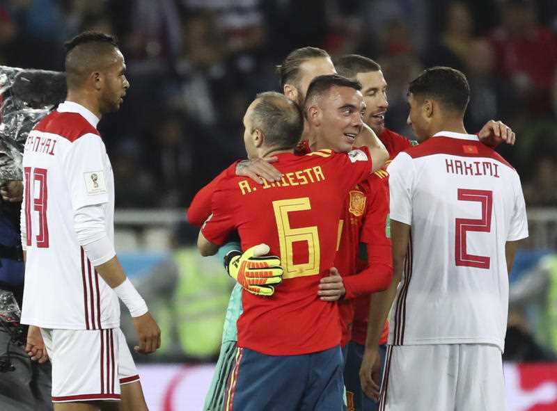 Spain's national team praises good showing after the match of the first stage group B in FIFA World Cup Russia against Morocco at Kaliningrad Stadium in Kaliningrad, Russia on June 25, 2018.
