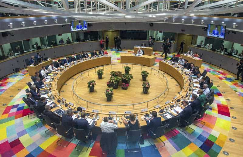 A general view of the round table meeting at an EU summit in Brussels, Thursday, June 28, 2018. 