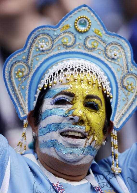Uruguay's supporter, wearing a Russian women traditional headdress named kokoshnik.