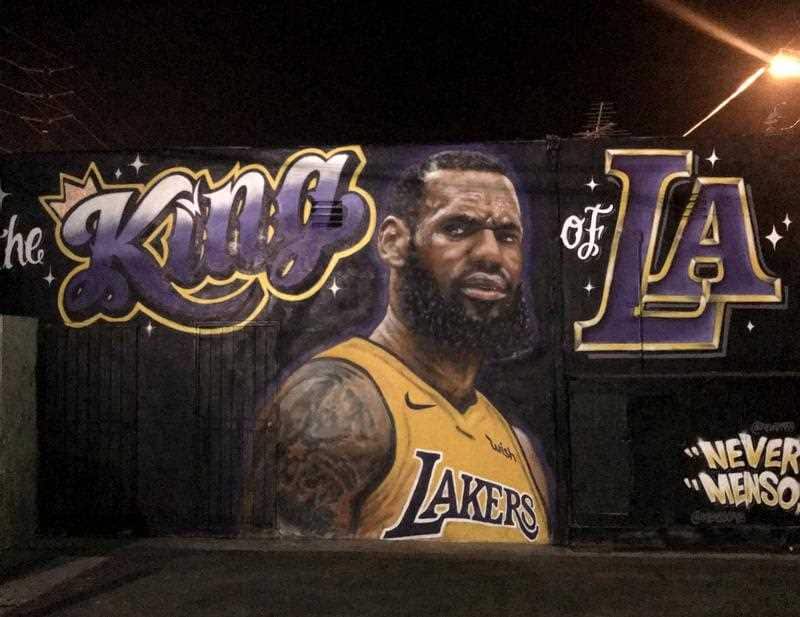 This undated photo courtesy of Robb Aguirre shows a mural of NBA basketball star LeBron James who recently joined the Los Angeles Lakers.