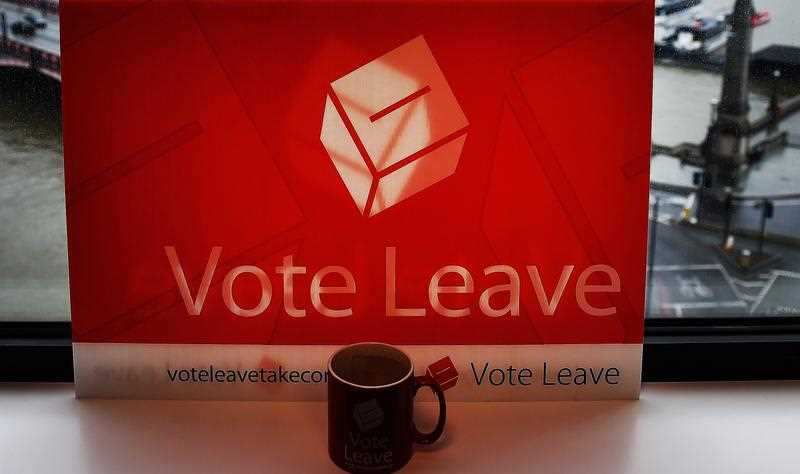 A Vote Leave campaign poster on a window ledge at the Vote Leave offices in London, Britain, 07 April 2016.