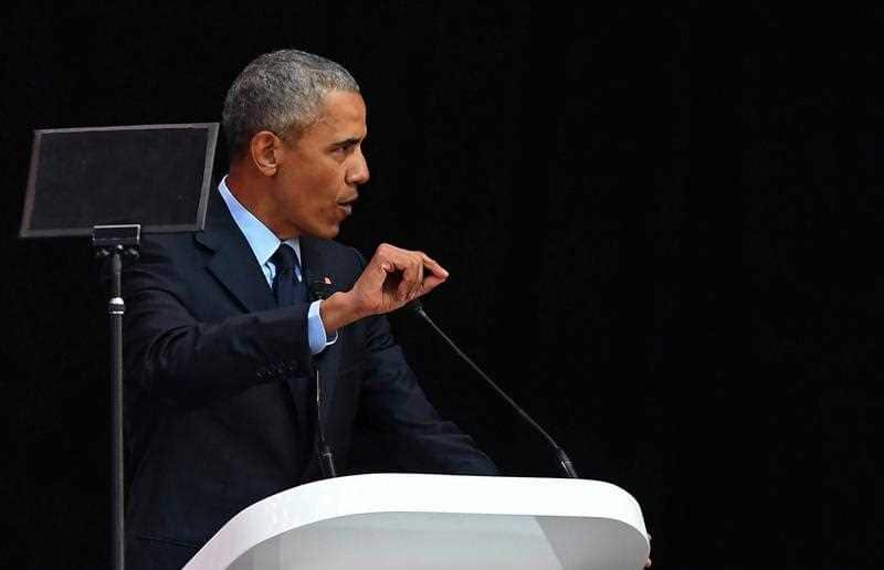 Former U.S. President Barack Obama speaks at the Wanderers Stadium in Johannesburg, South Africa