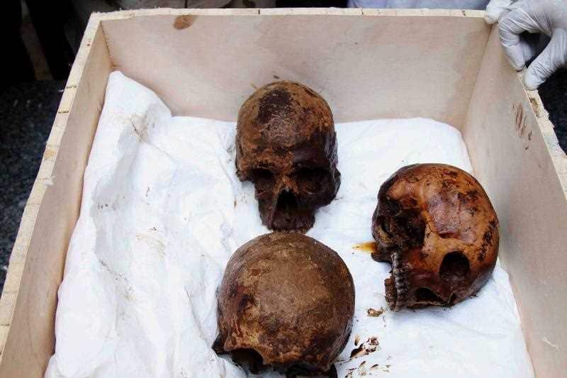Egyptian archaeologists display skulls of three decomposed mummies found inside a black granite sarcophagus that was discovered in Sidi Gaber district, Alexandria, Egypt, 19 July 2018.
