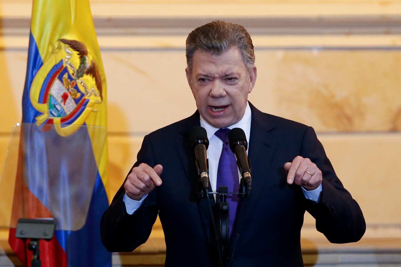 Juan Manuel Santos speaks in Bogota, Colombia, Friday, July 20, 2018.