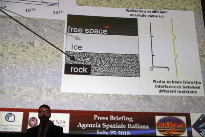 Italian astrophysicist Roberto Orosei speaks during a press conference at the Italian Space Agency headquarters in Rome, Wednesday, July 25, 2018.
