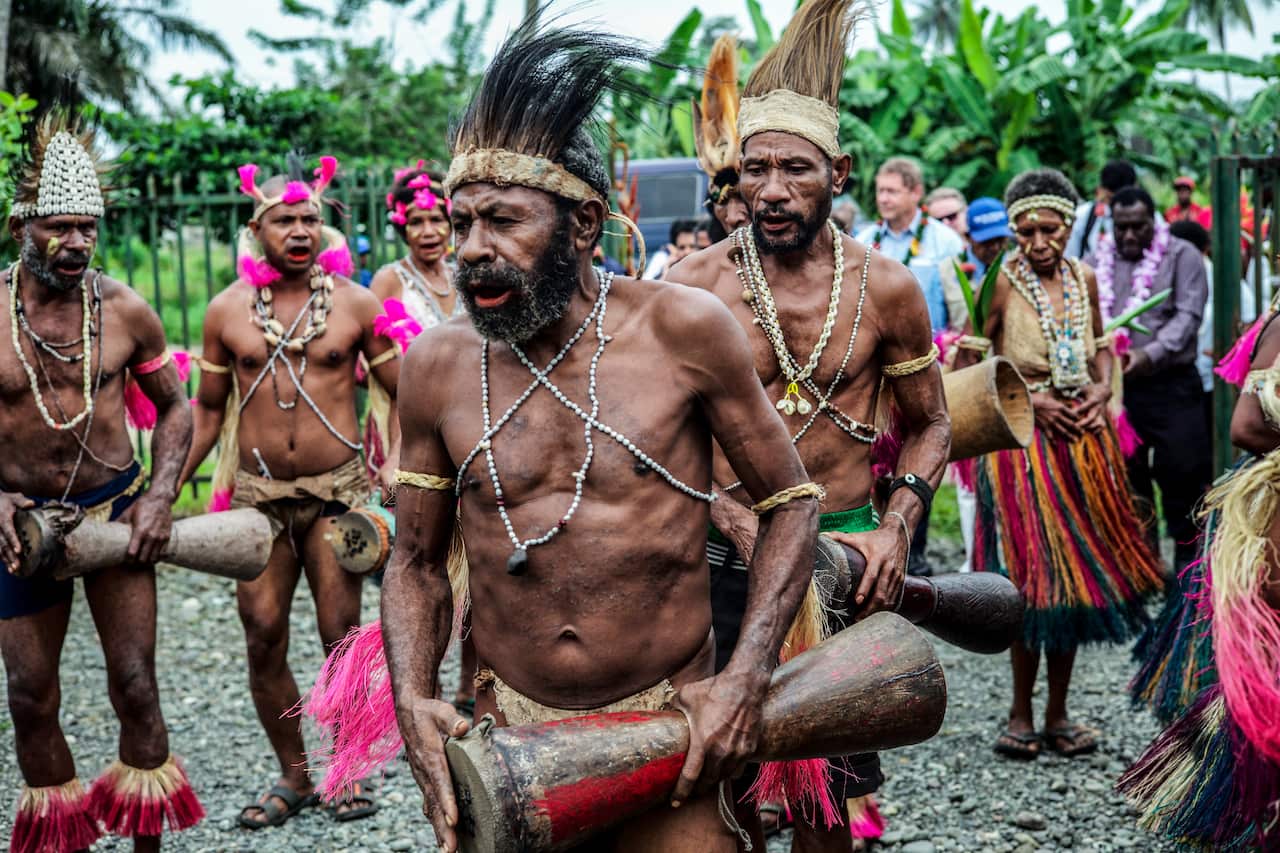 Traditional dressed locals are seen in Lae, Marobe Province, Papua New Guinea.