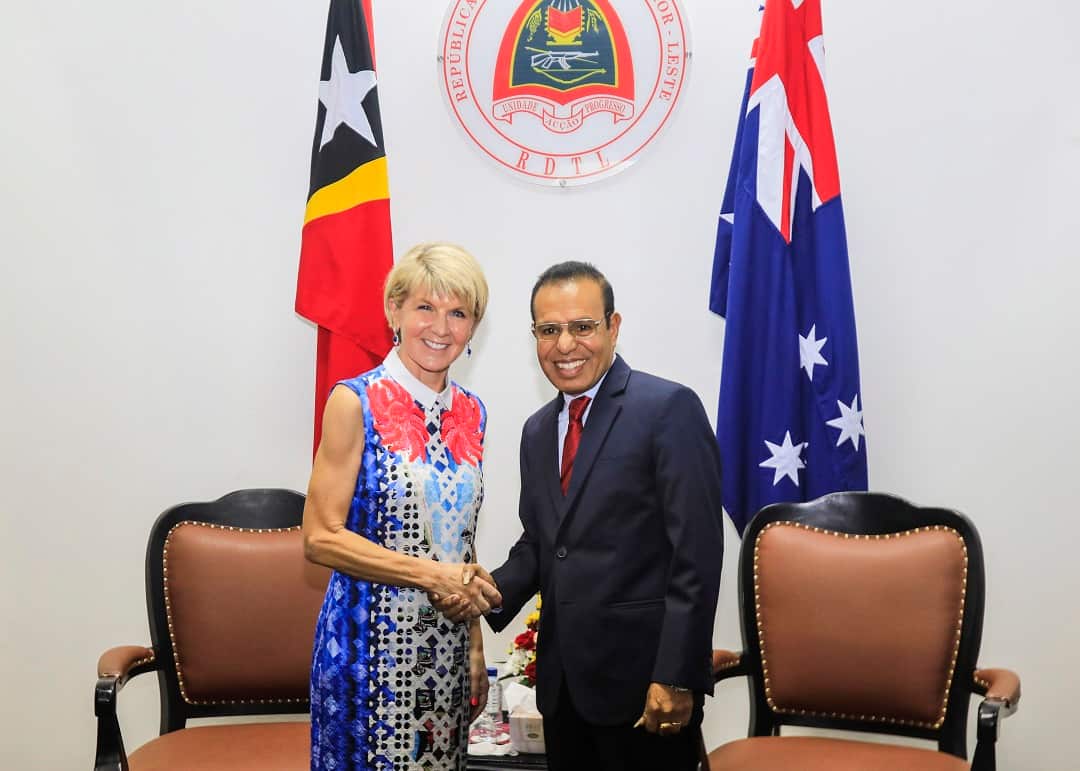 Julie Bishop is greeted by Timor-Leste's Prime Minister Taur Matan Ruak.