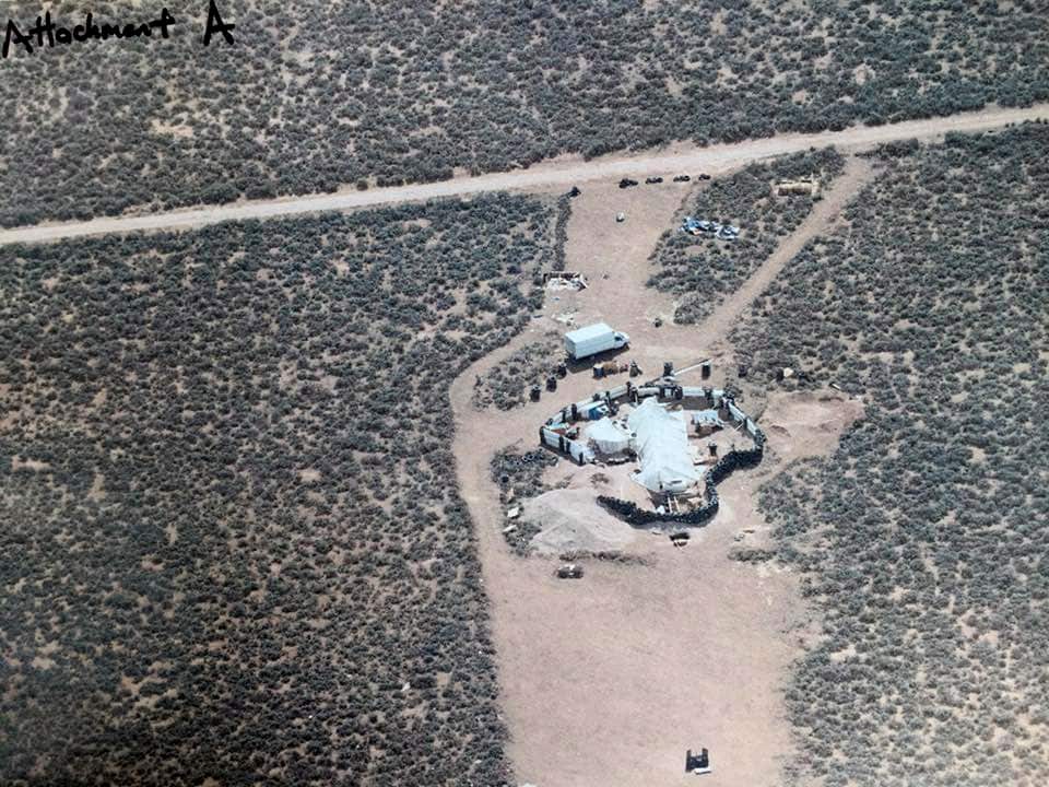 A handout photo made available by Taos County Sheriffâs Office shows an aerial photo of compound in rural Amalia, New Mexico, USA.