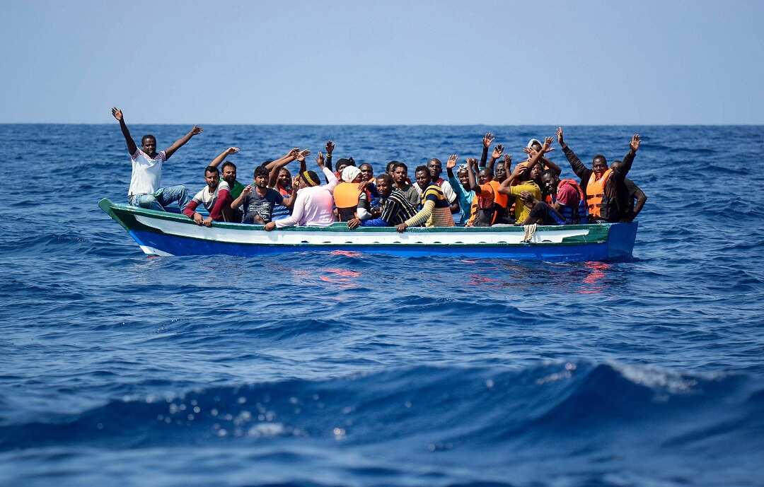 A group being rescued in the Mediterranean.