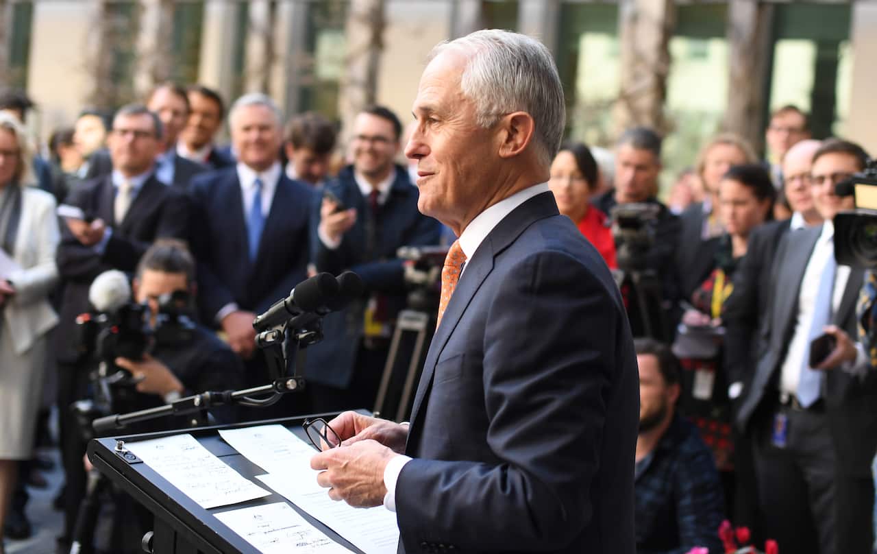 Former Australian Prime Minister Malcolm Turnbull conducts his farewell press conference at Parliament House in Canberra.