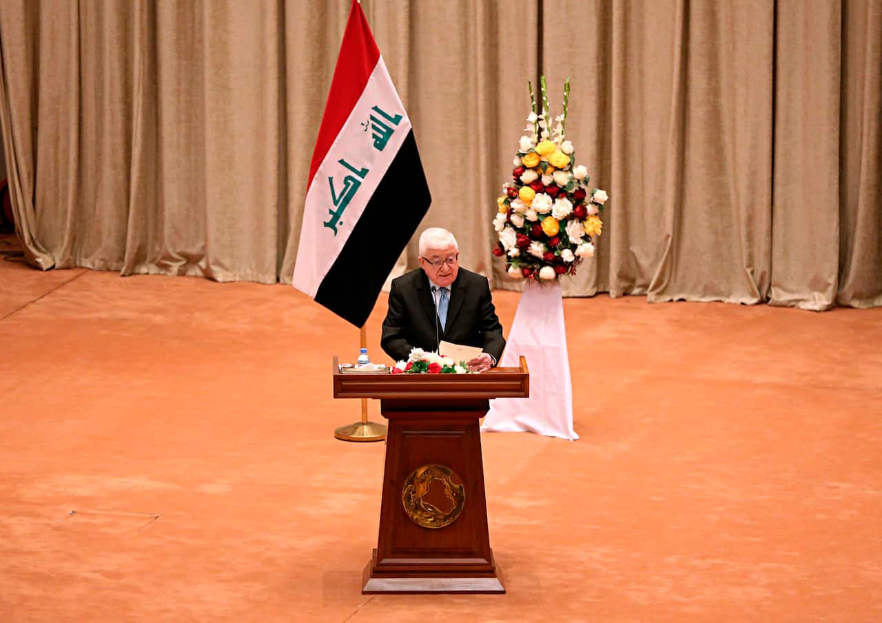 Iraqi President Fuad Masum addresses a newly elected parliament during its first session in Baghdad, Iraq.