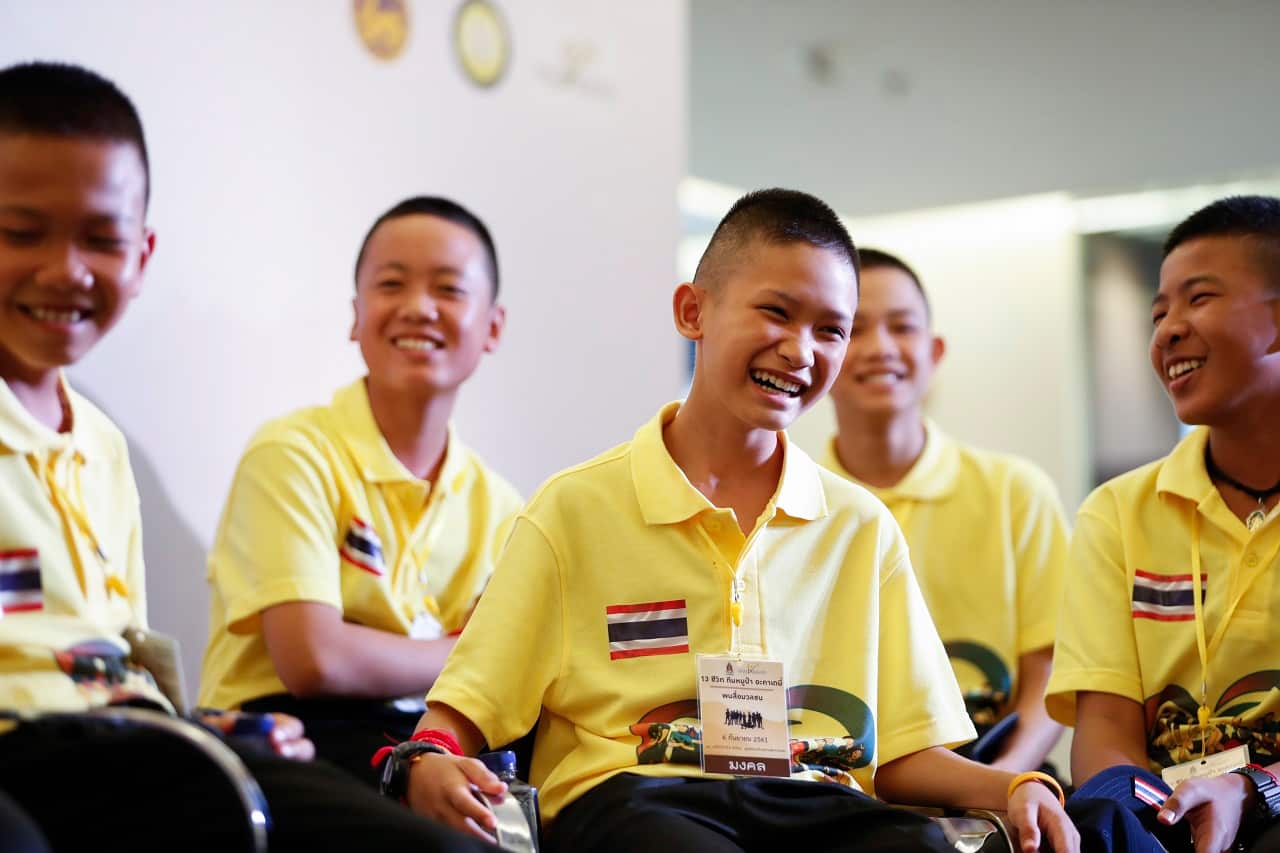 The Thai cave boys at a shopping mall in Bangkok on Thursday.