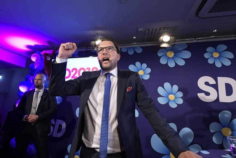Jimmie Akesson speaks at the election party at the Kristallen restaurant in central Stockholm, Sweden 09 September 2018.