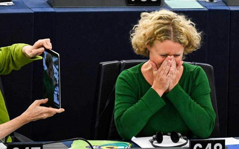Rapporteur Judith Sargentini reacts after the vote on the situation in Hungary during a voting session at the European Parliament in Strasbourg.