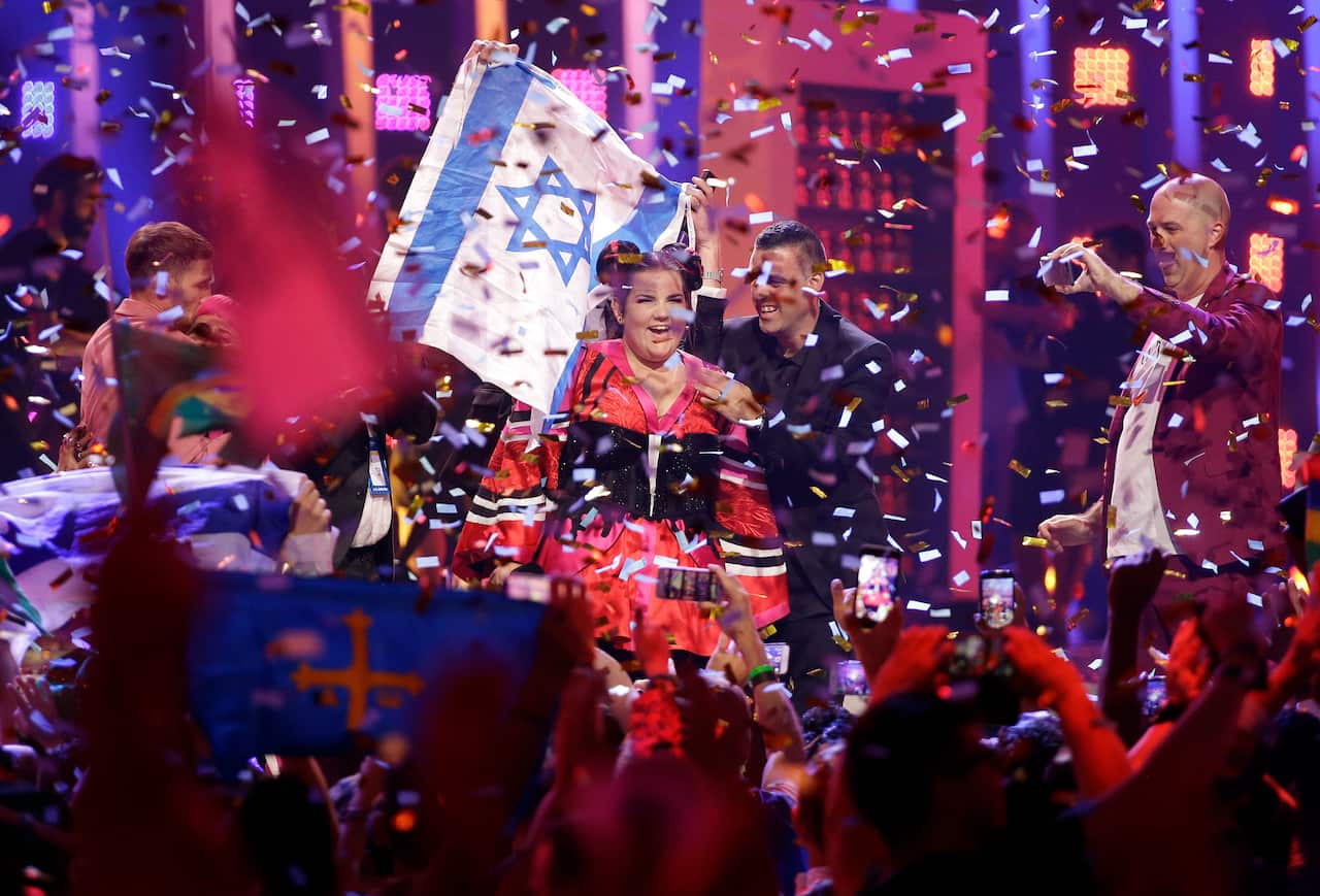 Netta Barzilai from Israel celebrates after winning the Eurovision song contest in Lisbon, Portugal.