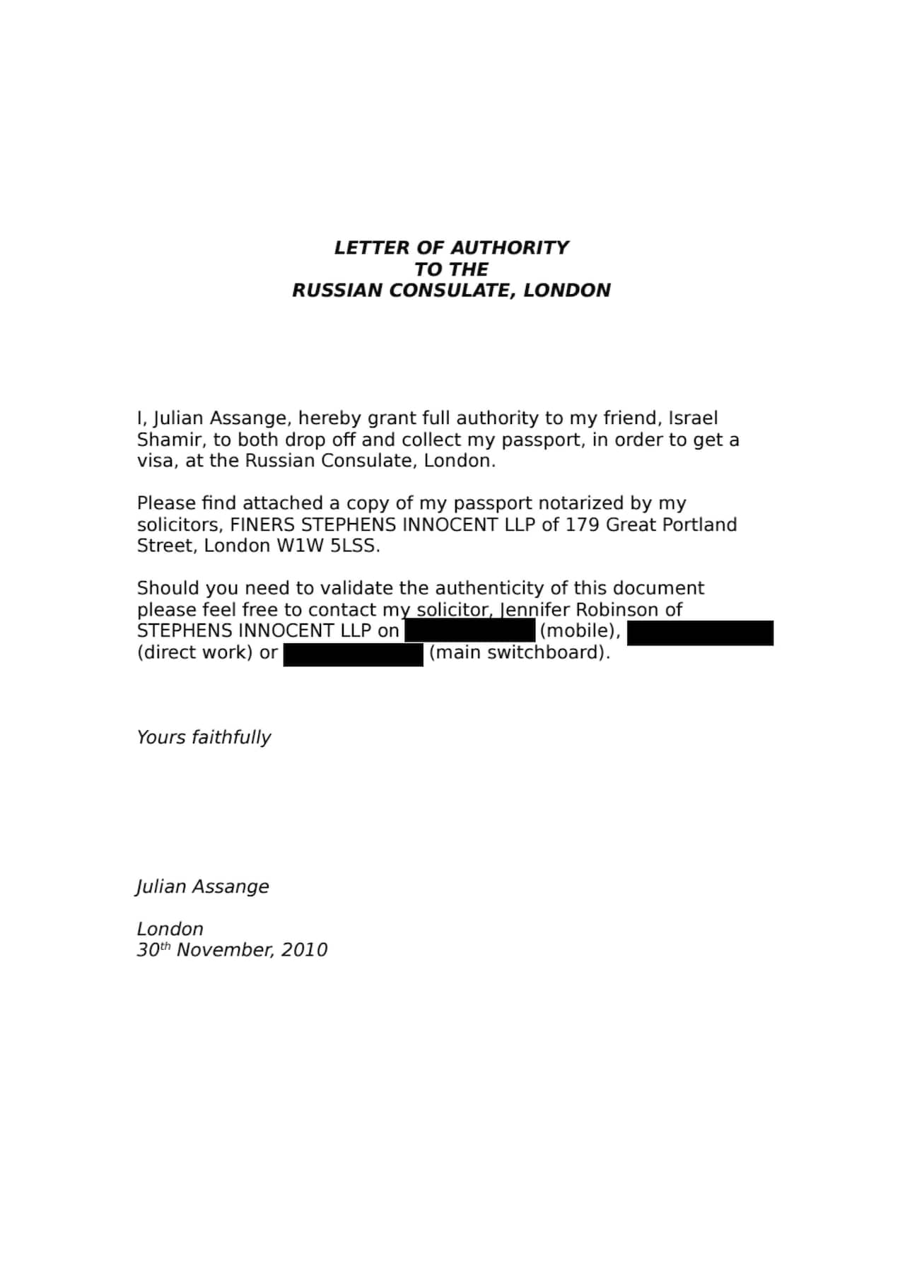 This document obtained by The Associated Press shows a letter to the Russian Consulate in London dated Nov. 30, 2010. 