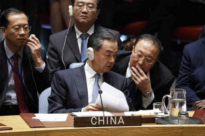 Chinese Foreign Minister Wang Yi speaks during a United Nations Security Council briefing.