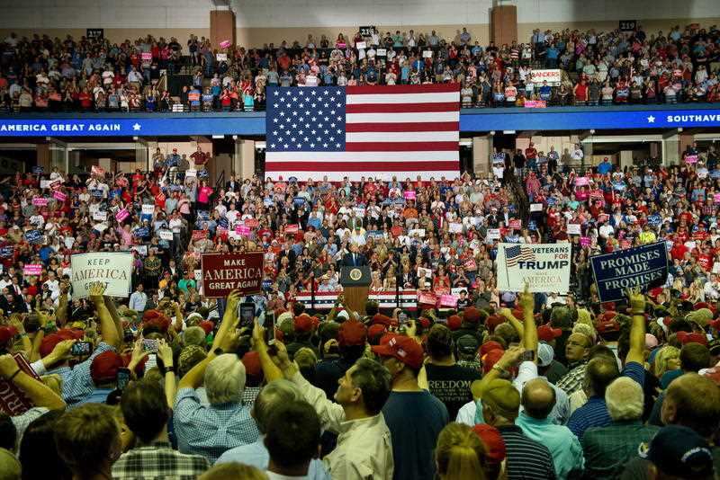 US President Donald J. Trump addresses supporters at a Make America Great Again rally at the Landers Center in Southaven, Mississippi, USA, 02 October 2018. 