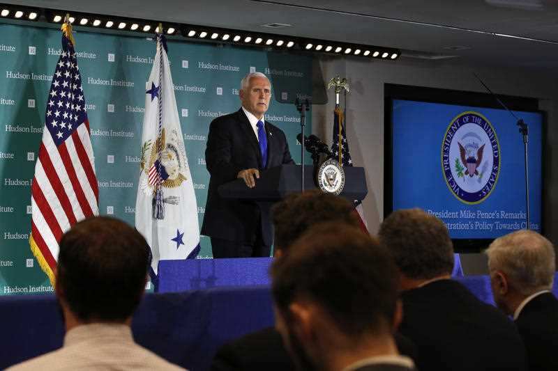 Vice President Mike Pence speaks Thursday, Oct. 4, 2018, at the Hudson Institute in Washington. Pence said China was using its power in "more proactive and coercive ways to interfere in the domestic policies and politics of the United States."