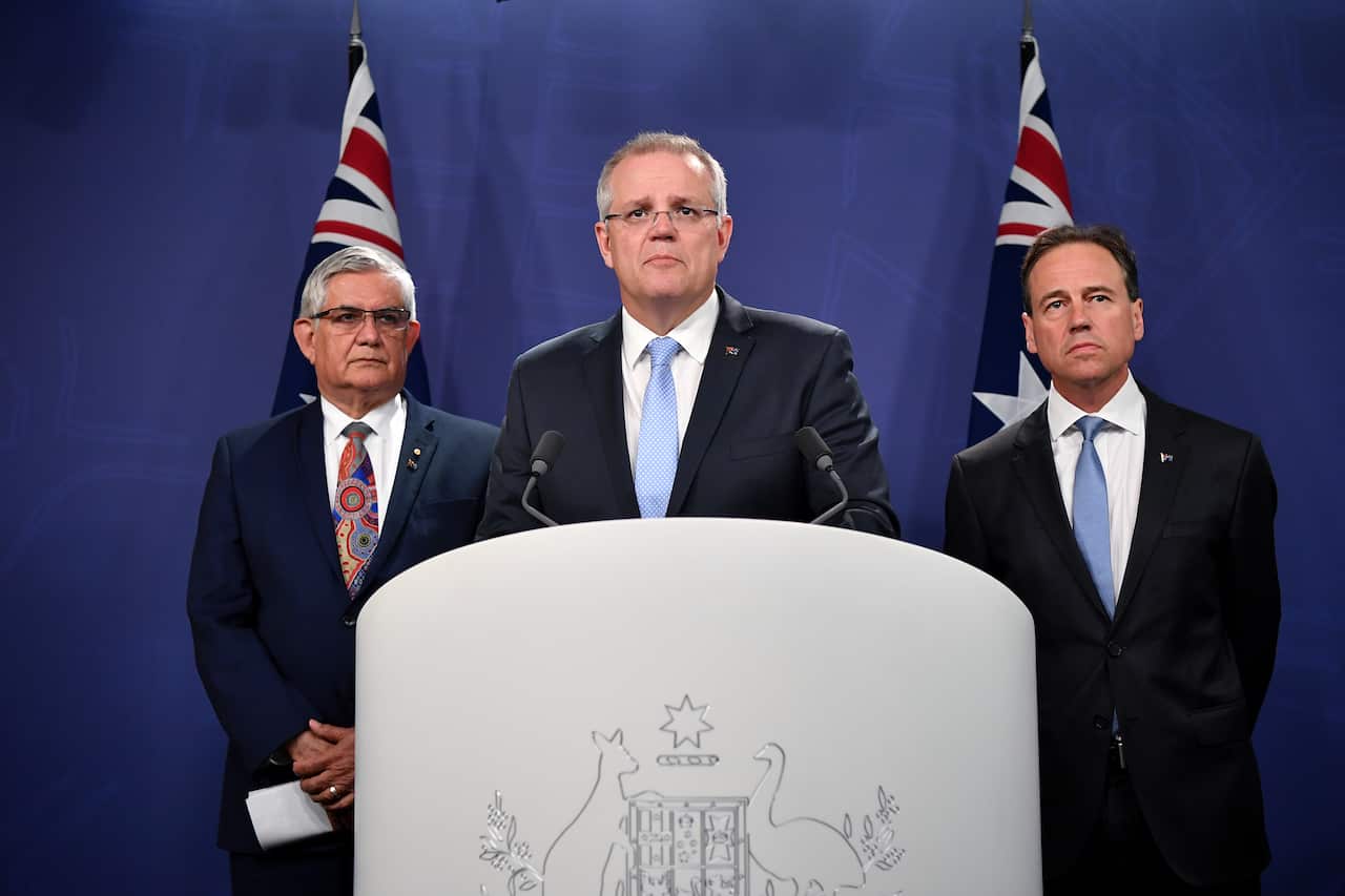 Minister for Aged Care Ken Wyatt, Prime Minister Scott Morrison and Minister for Health Greg Hunt outline the aged care royal commission.