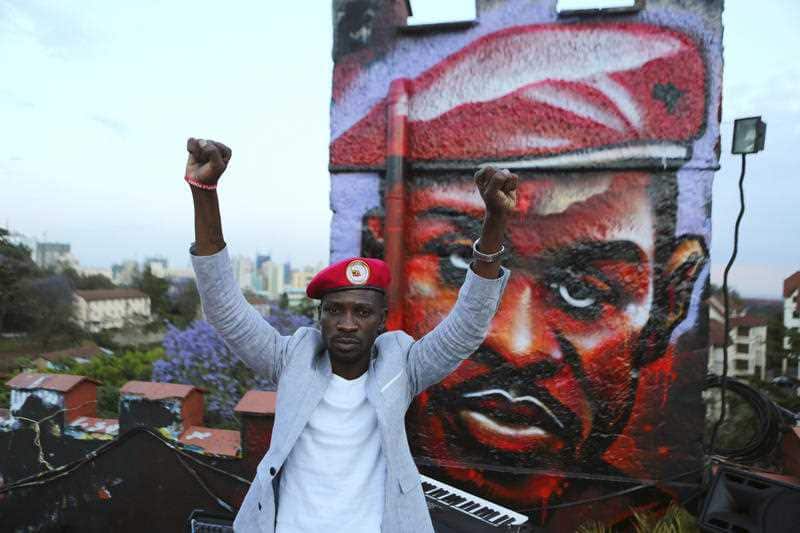 In this photo taken Friday Oct. 12, 2018, Bobi Wine gestures during a visit to Nairobi, Kenya.