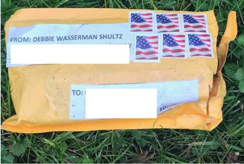 Photograph of a package containing an explosive device similar to what the NYPD safely recovered in New York City on October 24, 2018. The package containing a pipe bomb was addressed to former CIA Director John Brennan at CNN Headquarters.