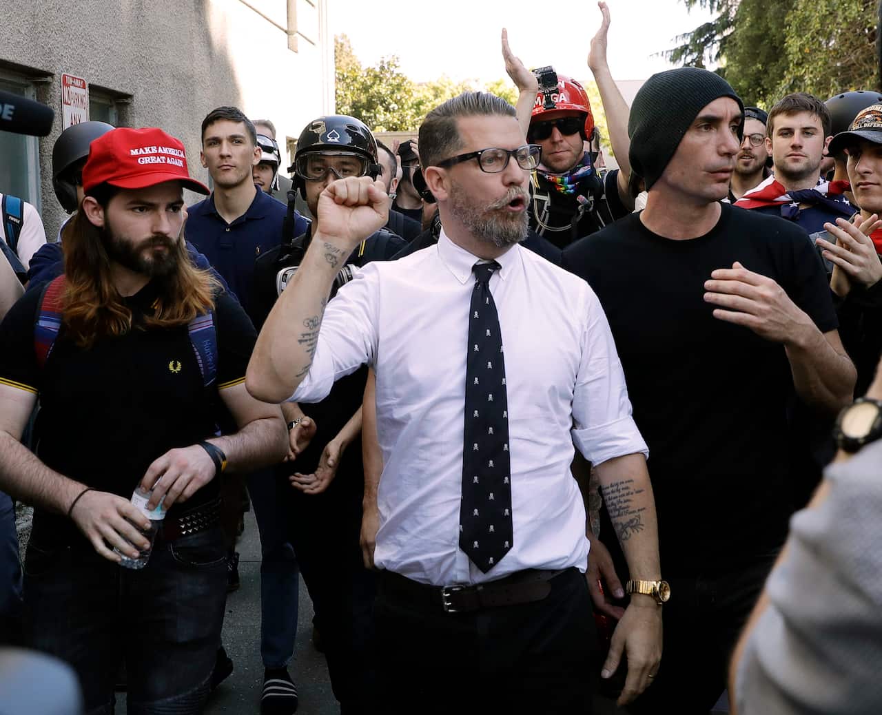 Gavin McInnes,surrounded by supporters after speaking at a rally in Berkeley, California, 2017.