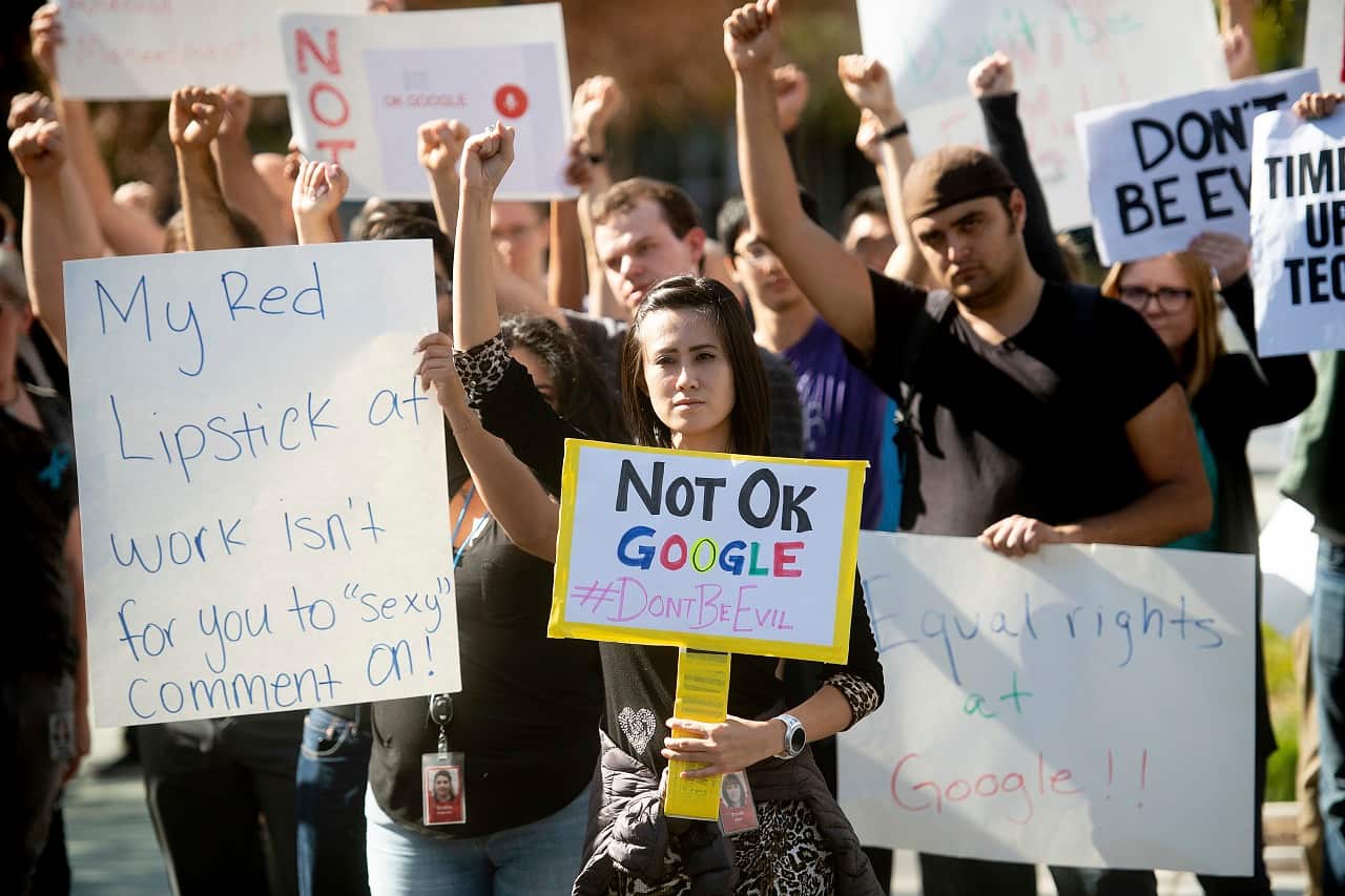 Google workers hold a protest.