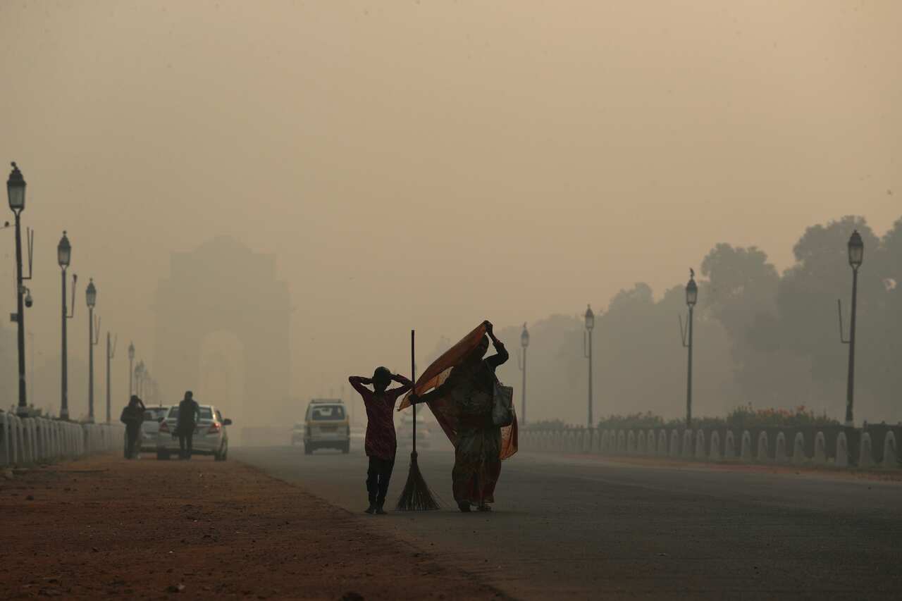 A thick layer of pollution haze hangs over New Delhi, India. 
