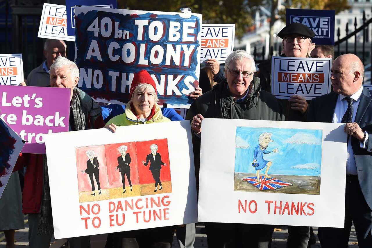 Pro Brexit demonstrators protest outside Downing Street in London.