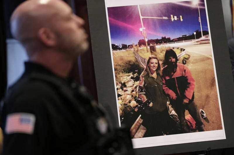 A picture of Katelyn McClure and Johnny Bobbitt Jr. is displayed during a news conference in Mt. Holly, N.J., Thursday, Nov. 15, 2018.