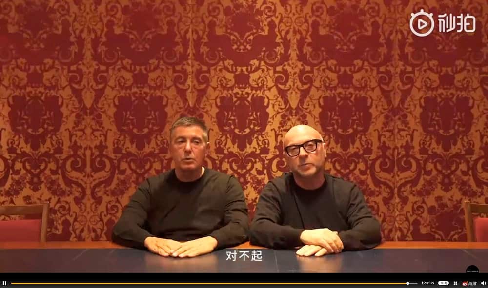 A still image captured from a video uploaded online on Nov. 23, 2018, shows the founders of Italian luxury brand Dolce & Gabbana S.R.L, apologizing on Chinese social media over a heavily criticized video advertisement. (Kyodo via AP Images) ==Kyodo