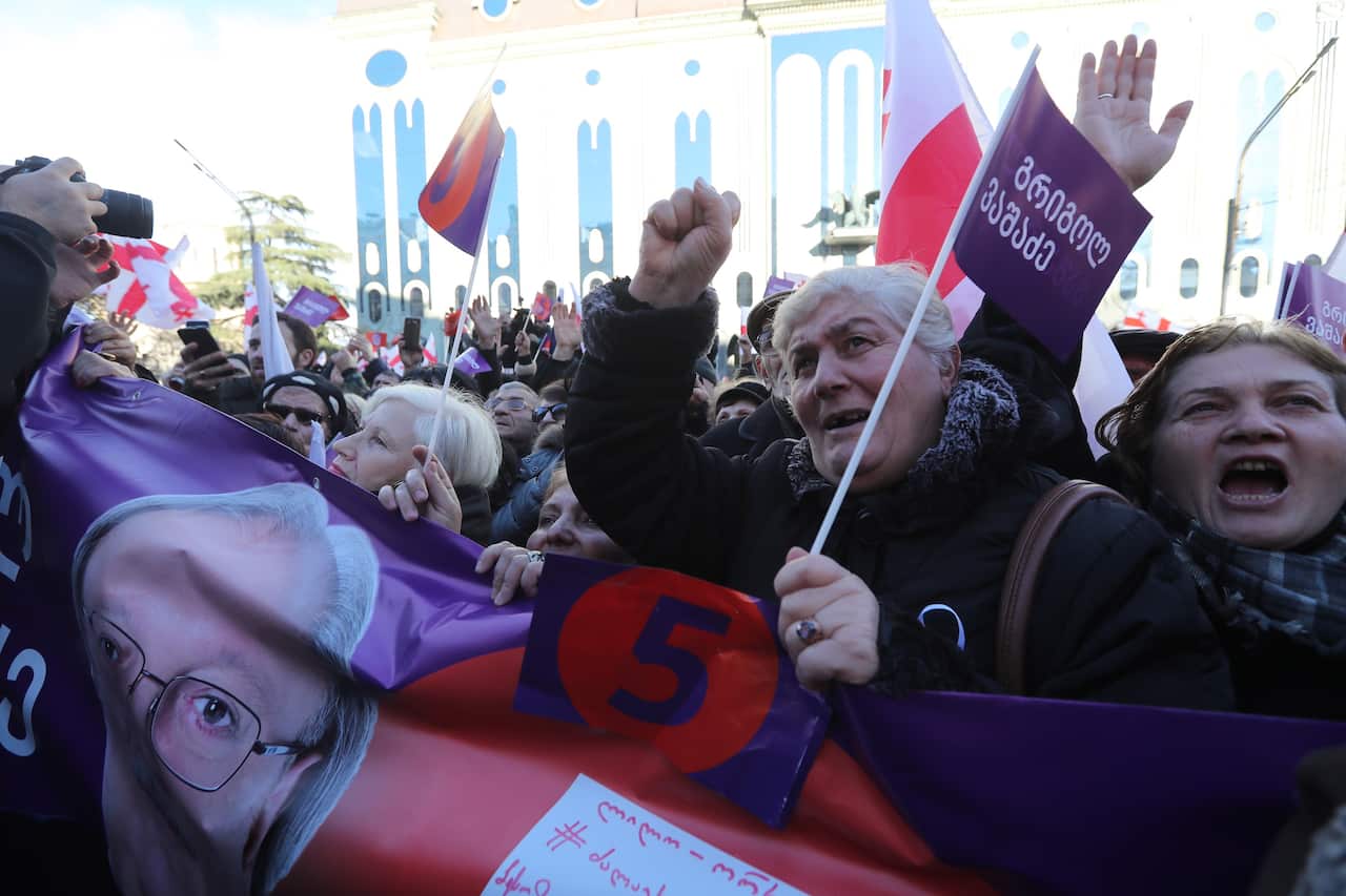 Supporters of Georgian opposition presidential candidate Grigol Vashadze attend a protest rally in Tbilisi, Georgia, 