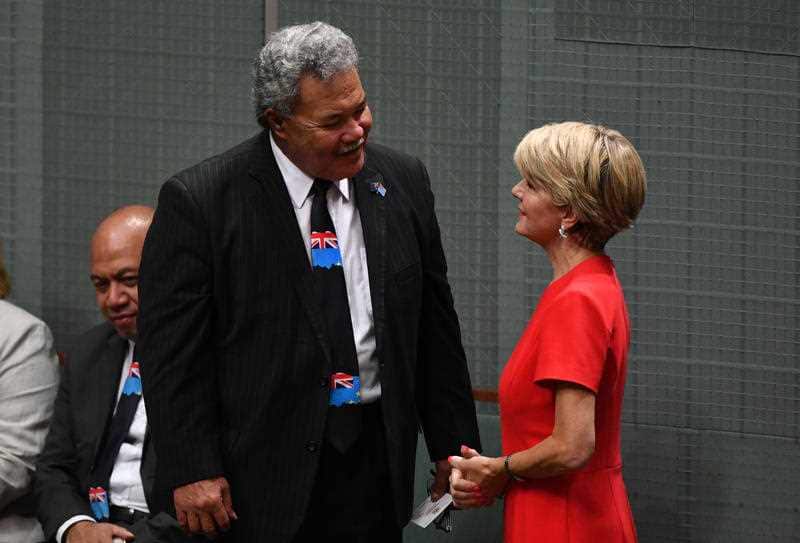 Former Liberal deputy leader Julie Bishop speaks to Tuvalu's Prime Minister Enele Sopoaga during Question Time in the House of Representatives at Parliament House in Canberra, Monday, December 3, 2018.