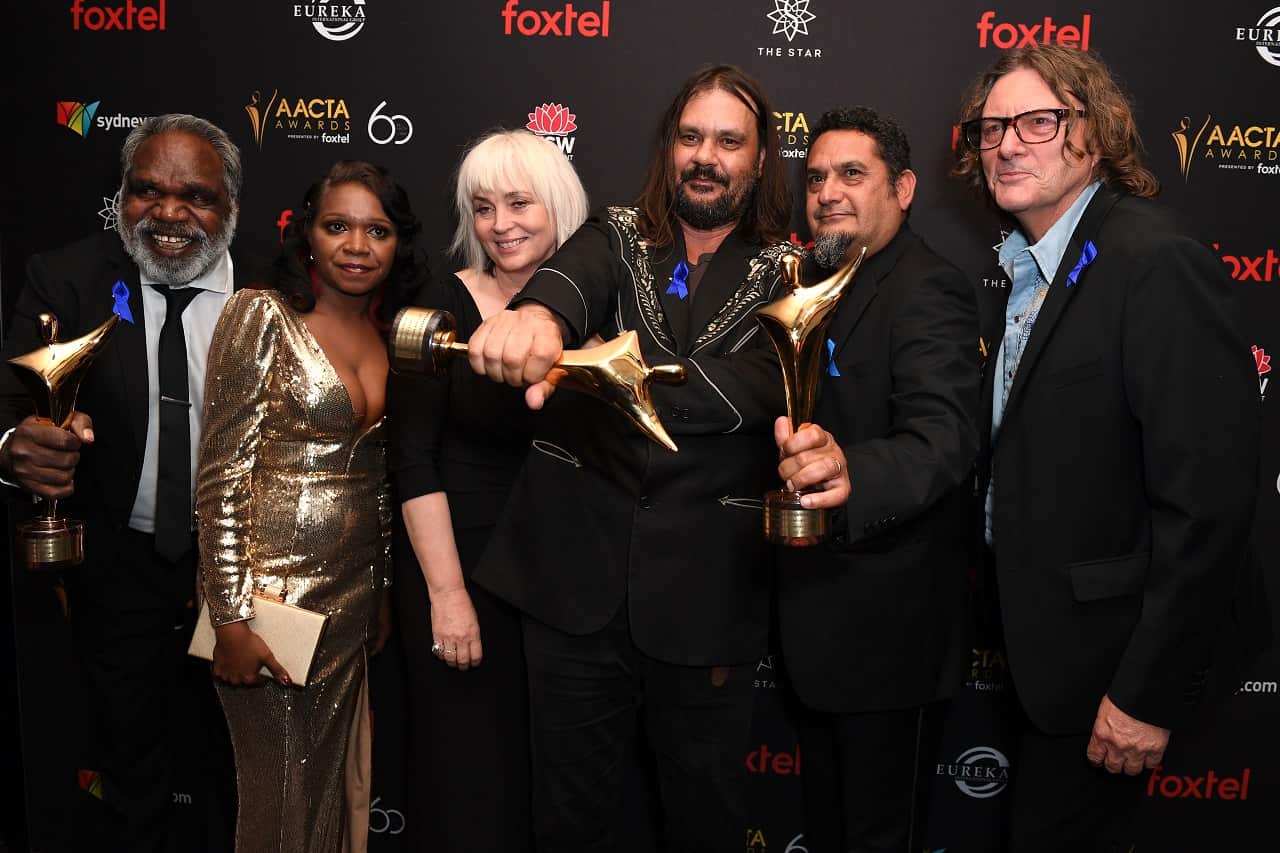 The cast of Sweet Country with director Warwick Thornton (fourth from left).