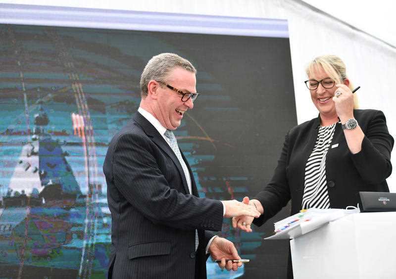 BAE Systems Australia CEO, Gabby Costigan,  and Minister for Defence, Christopher Pyne, are seen during a visit to a shipyard in Adelaide.