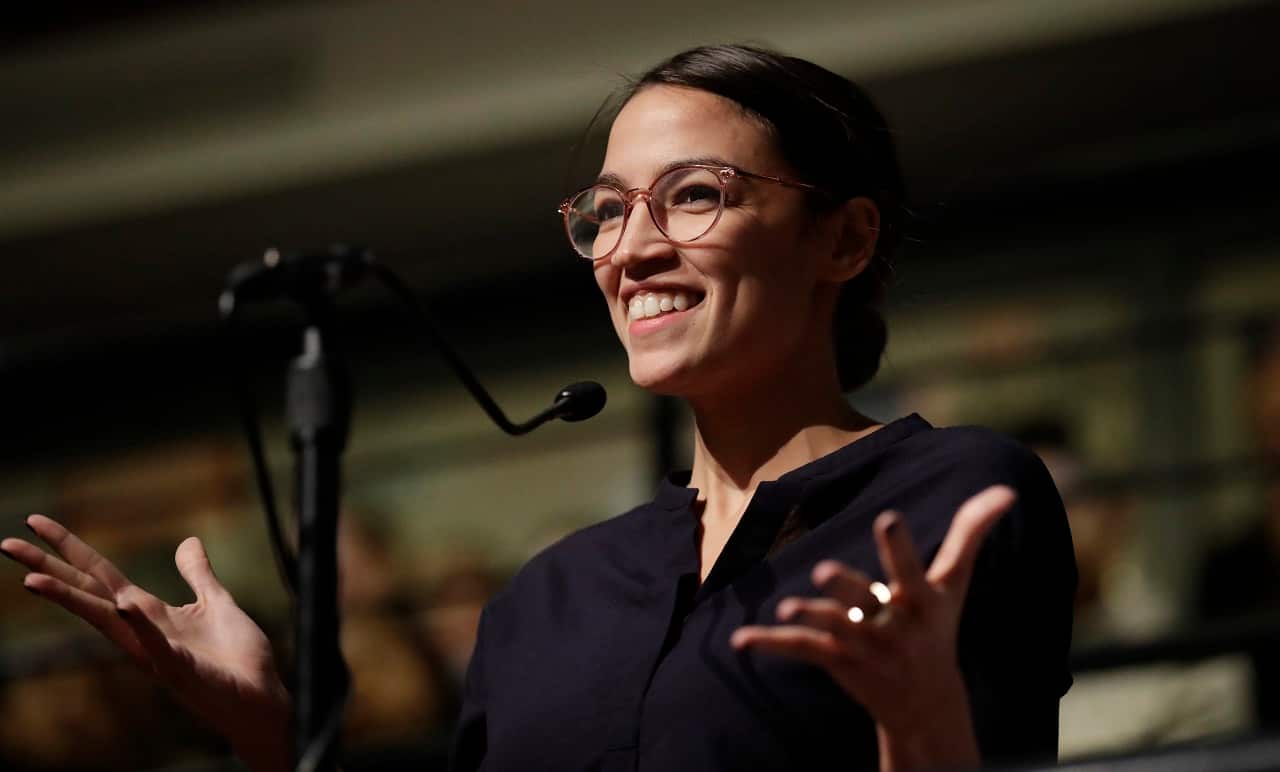 Alexandria Ocasio-Cortez talks at Harvard University in December.