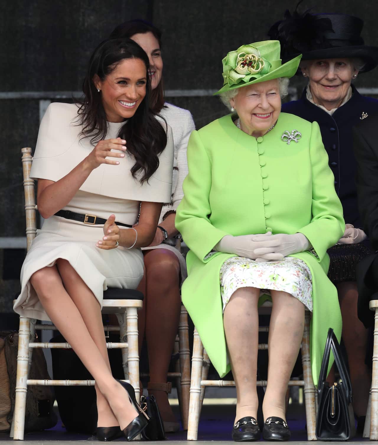 Queen Elizabeth II and the Duchess of Sussex at the opening of the Mersey Gateway Bridge.