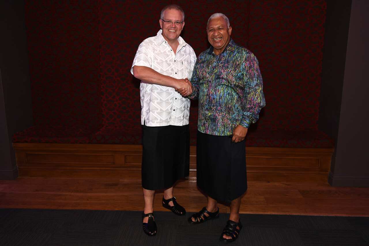 Prime Minister Scott Morrison and Fiji PM Frank Bainimarama at an official dinner in Suva in January.