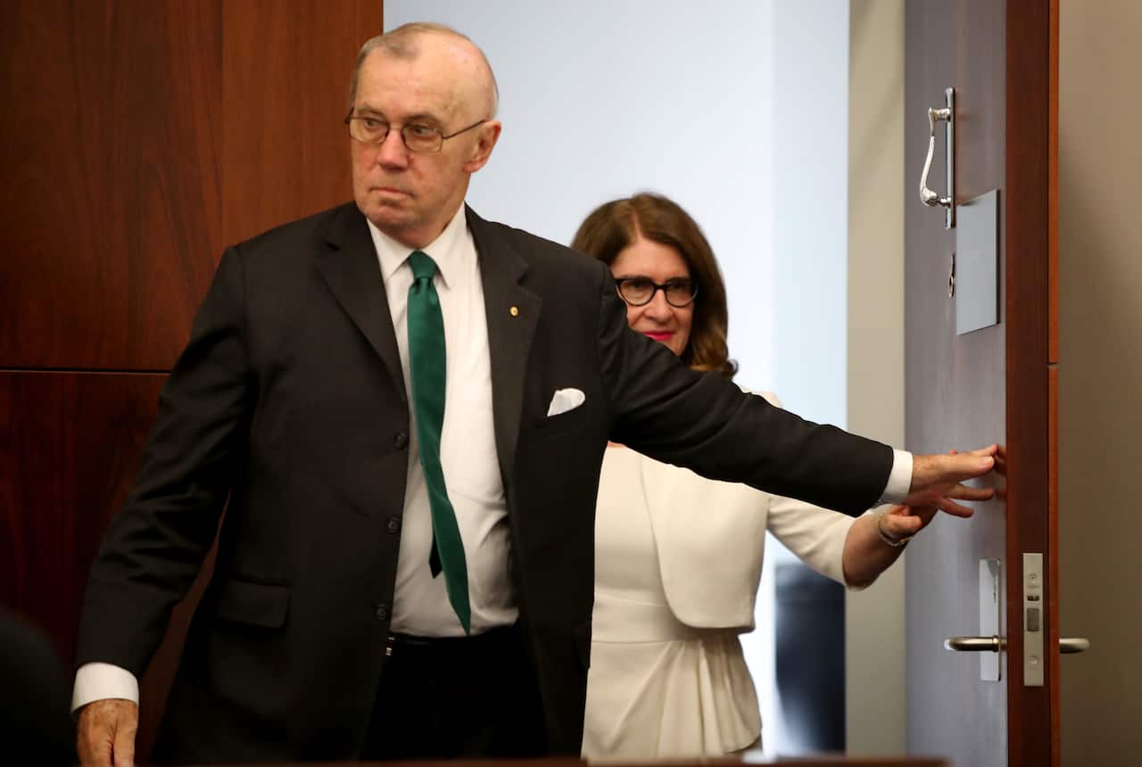 Royal Commissioners Richard Tracey and Lynelle Briggs arrive for the first public hearing in the Royal Commission for Aged Care Quality and Safety.