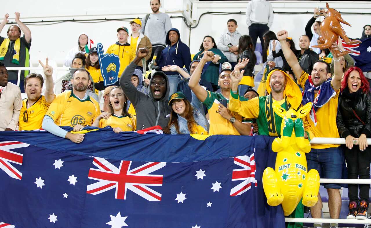epa07306987 Fans of Australai celebrate after winning the 2019 AFC Asian Cup round of 16 soccer match between Australia and Uzbekistan in Al Ain, United Arab Emirates on 21 January 2019.  EPA/ALI HAIDER
