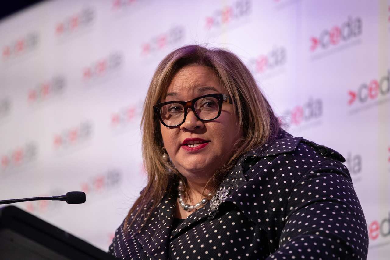 Pro Vice- Chancellor Indigenous, UNSW Sydney Professor Megan Davis speaks during a CEDA event in Perth on Thursday, January 31, 2019.(AAP Image/Richard Wainwright) NO ARCHIVING