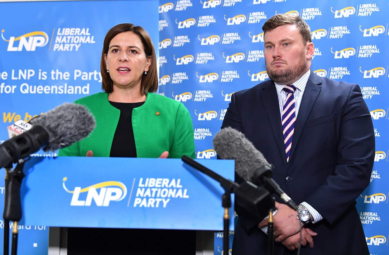 Queensland LNP Leader Deb Frecklington and acting LNP President David Hutchinson discuss Jason Costigan.