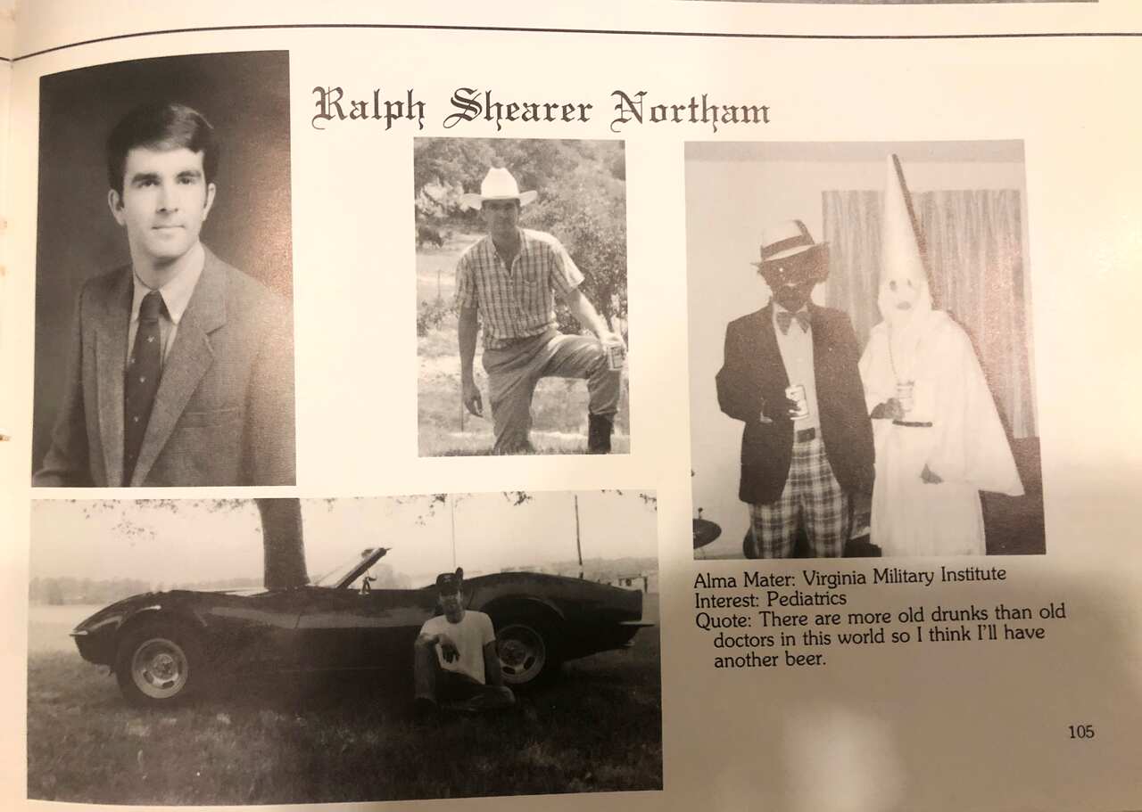The page from the 1984 medical school yearbook dedicated to Ralph Northam includes a photo of one person in blackface and another in a Ku Klux Klan outfit. 