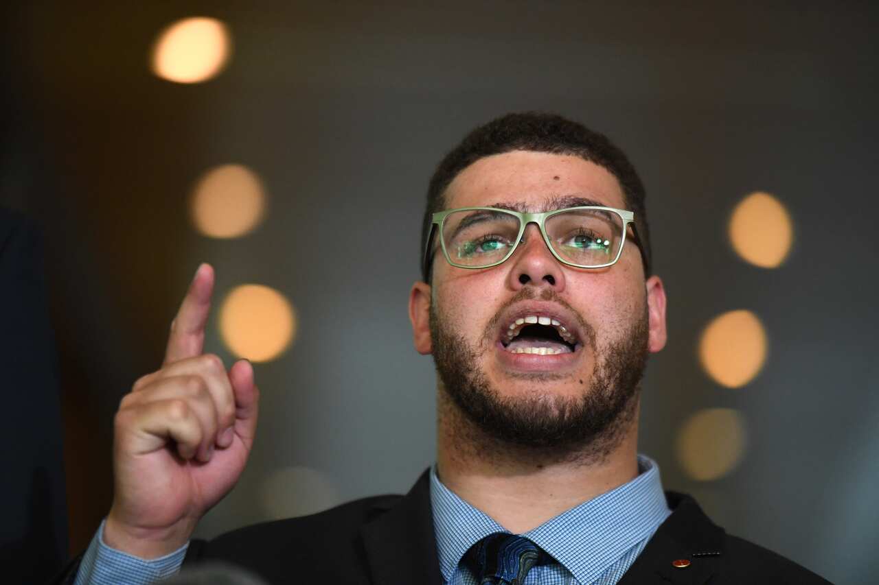 Greens Senator Jordon Steele-John at a press conference at Parliament House in Canberra.