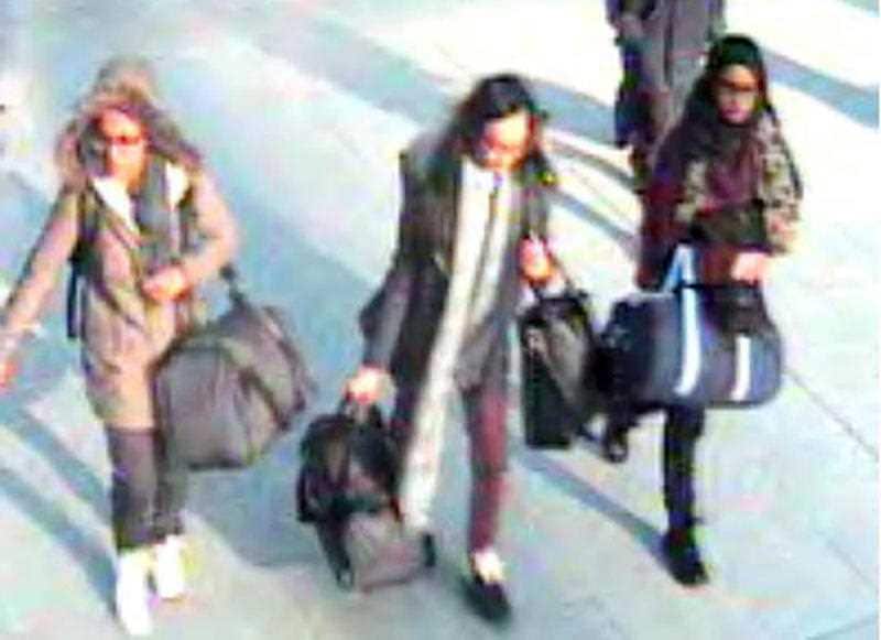 CCTV footage of (left to right) Amira Abase, Kadiza Sultana, and Shamima Begum before catching a flight to Turkey in 2015 