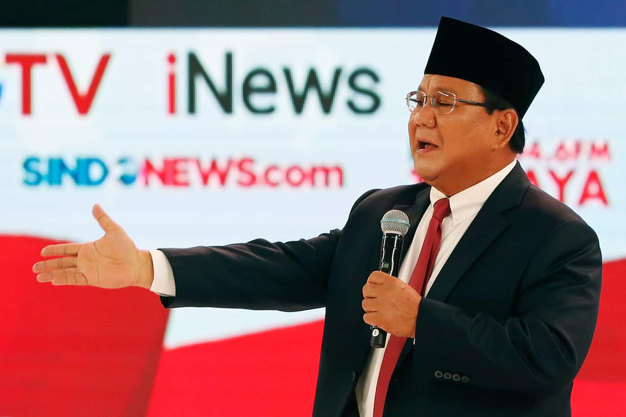 Presidential candidate Prabowo Subianto speaks during a debate among candidates in Jakarta, Indonesia.